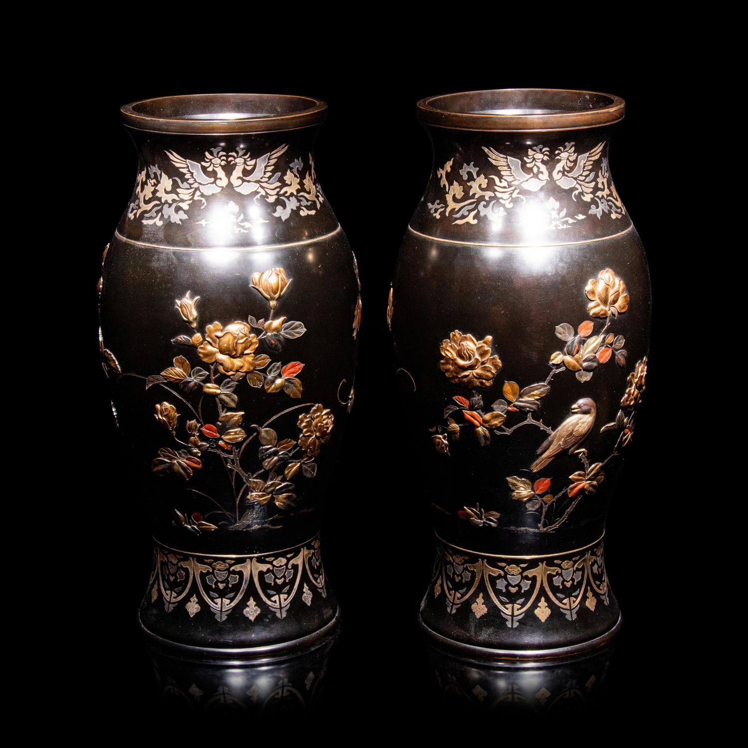 A Pair of Japanese Bronze and Mixed-Metal Baluster Vases, Meiji Period, Late 19th Century