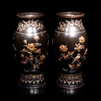 A Pair of Japanese Bronze and Mixed-Metal Baluster Vases, Meiji Period, Late 19th Century