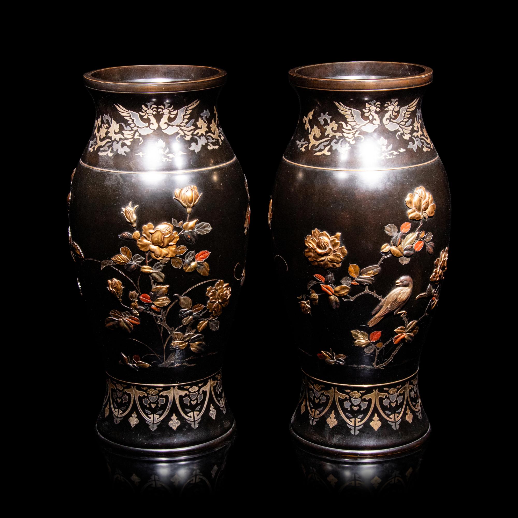 A Pair of Japanese Bronze and Mixed-Metal Baluster Vases, Meiji Period, Late 19th Century