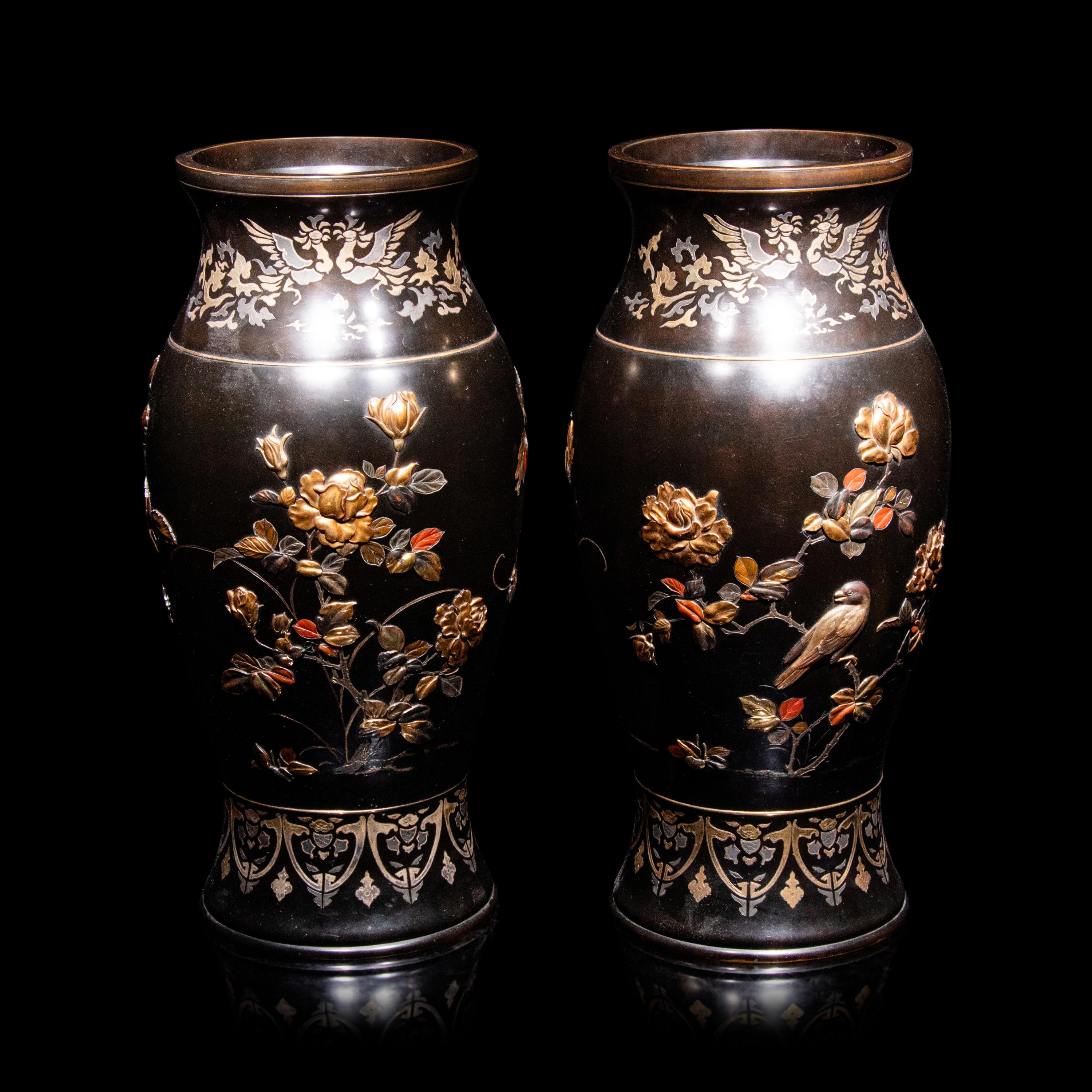A Pair of Japanese Bronze and Mixed-Metal Baluster Vases, Meiji Period, Late 19th Century