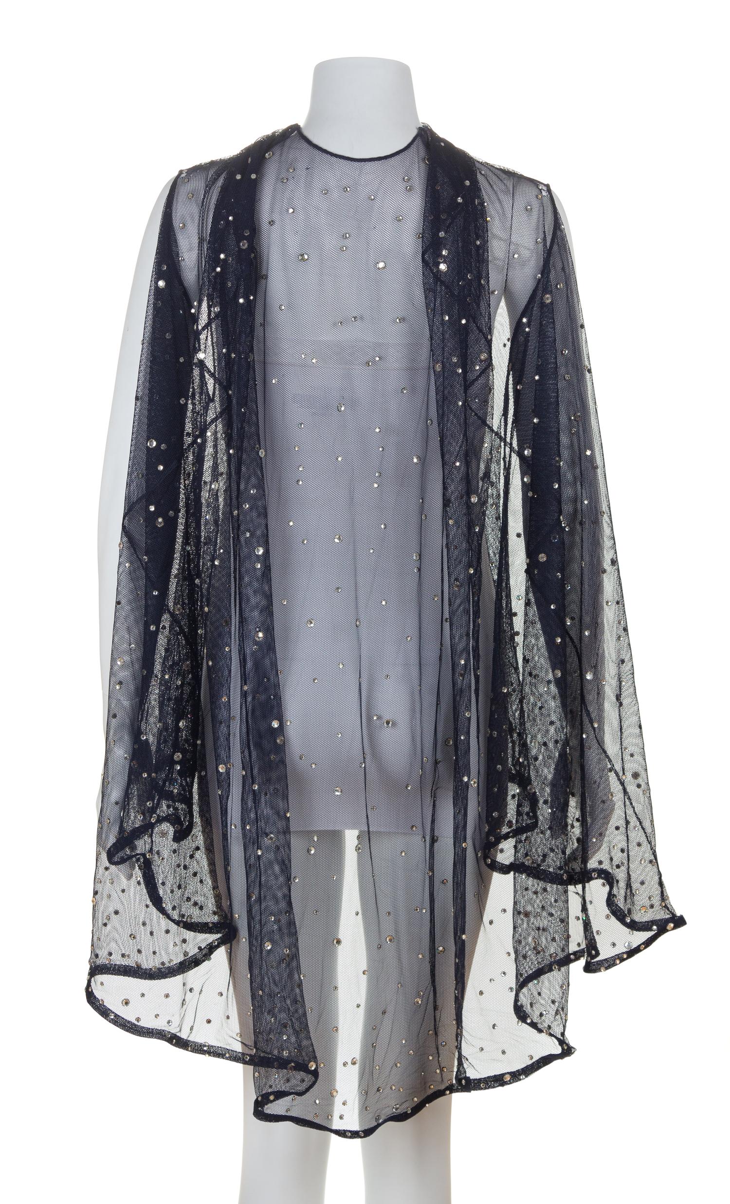 A Pauline Trigere Navy Sheer Crystal Embellished Cape, No size.