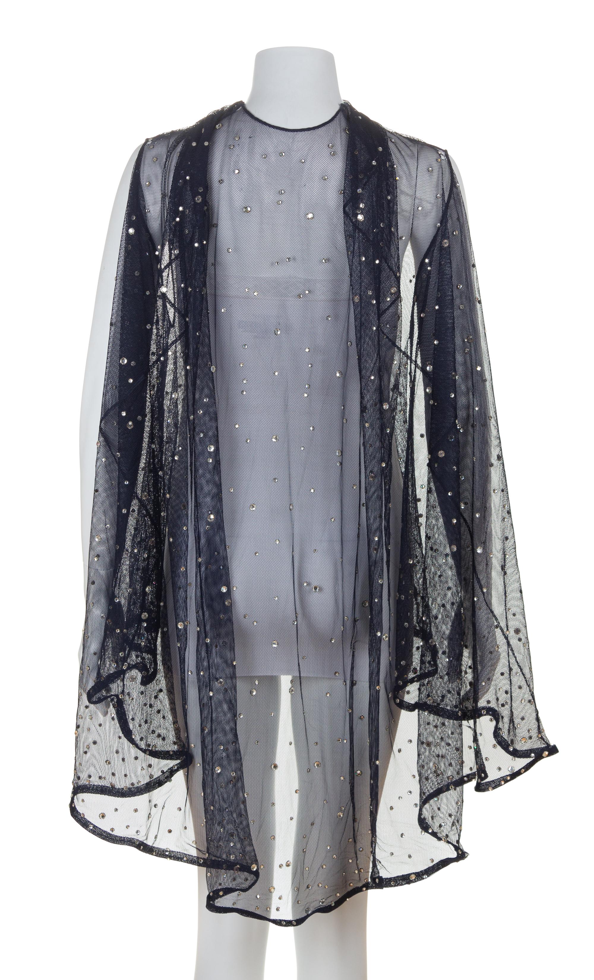 A Pauline Trigere Navy Sheer Crystal Embellished Cape, No size.