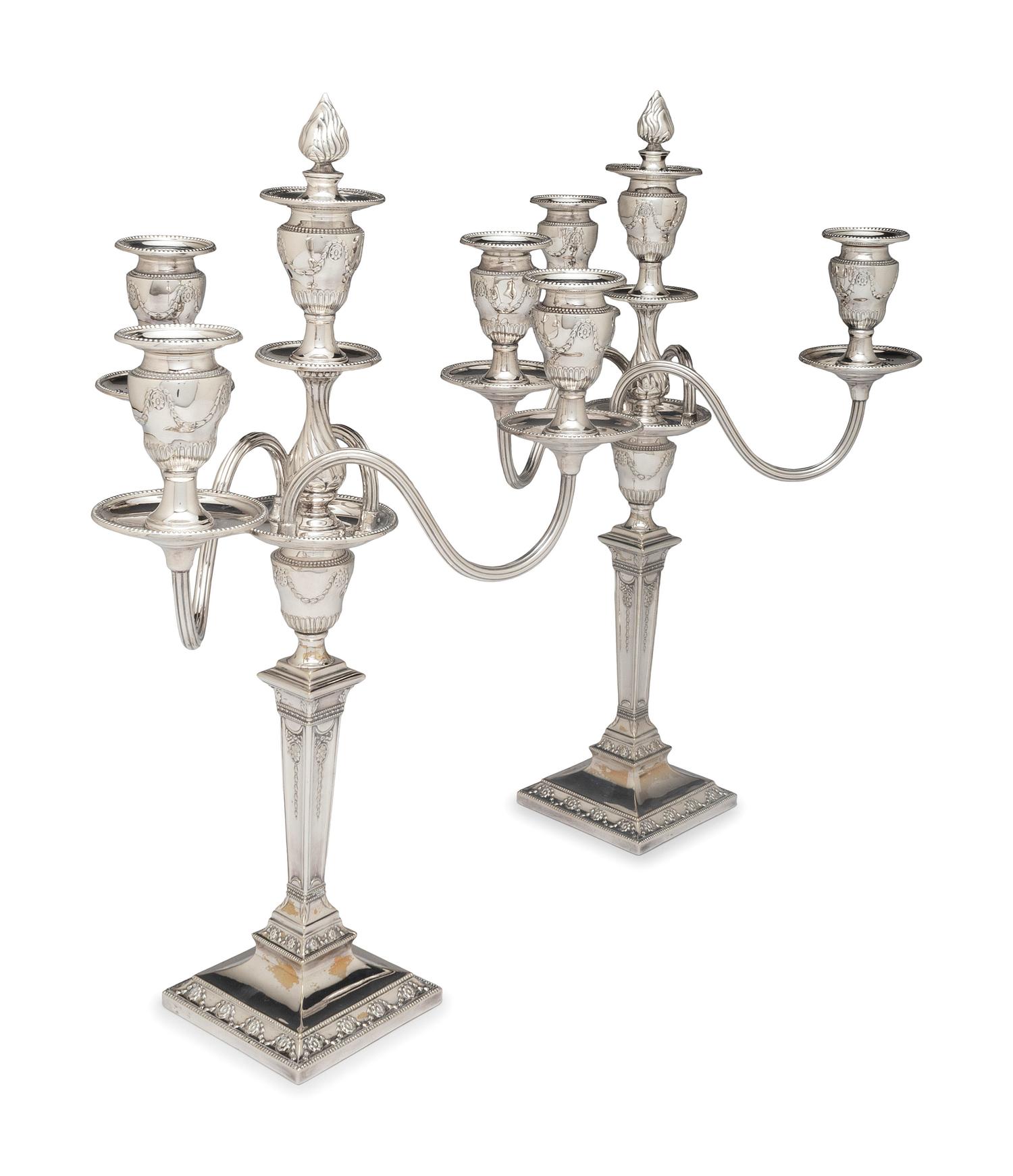 A Pair of Neoclassical Silver-Plate Four-Light Convertible Candelabra