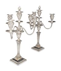 A Pair of Neoclassical Silver-Plate Four-Light Convertible Candelabra