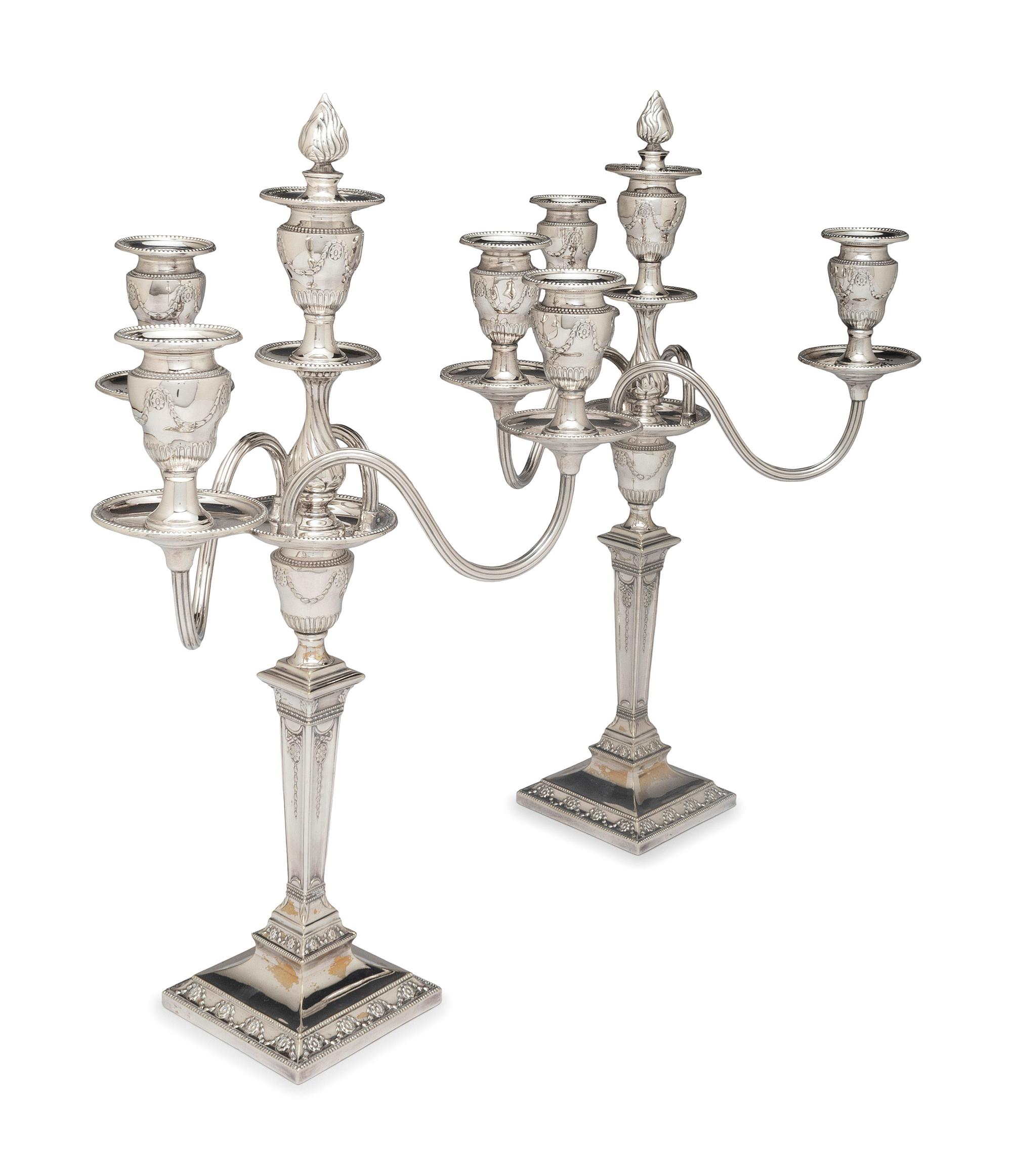 A Pair of Neoclassical Silver-Plate Four-Light Convertible Candelabra