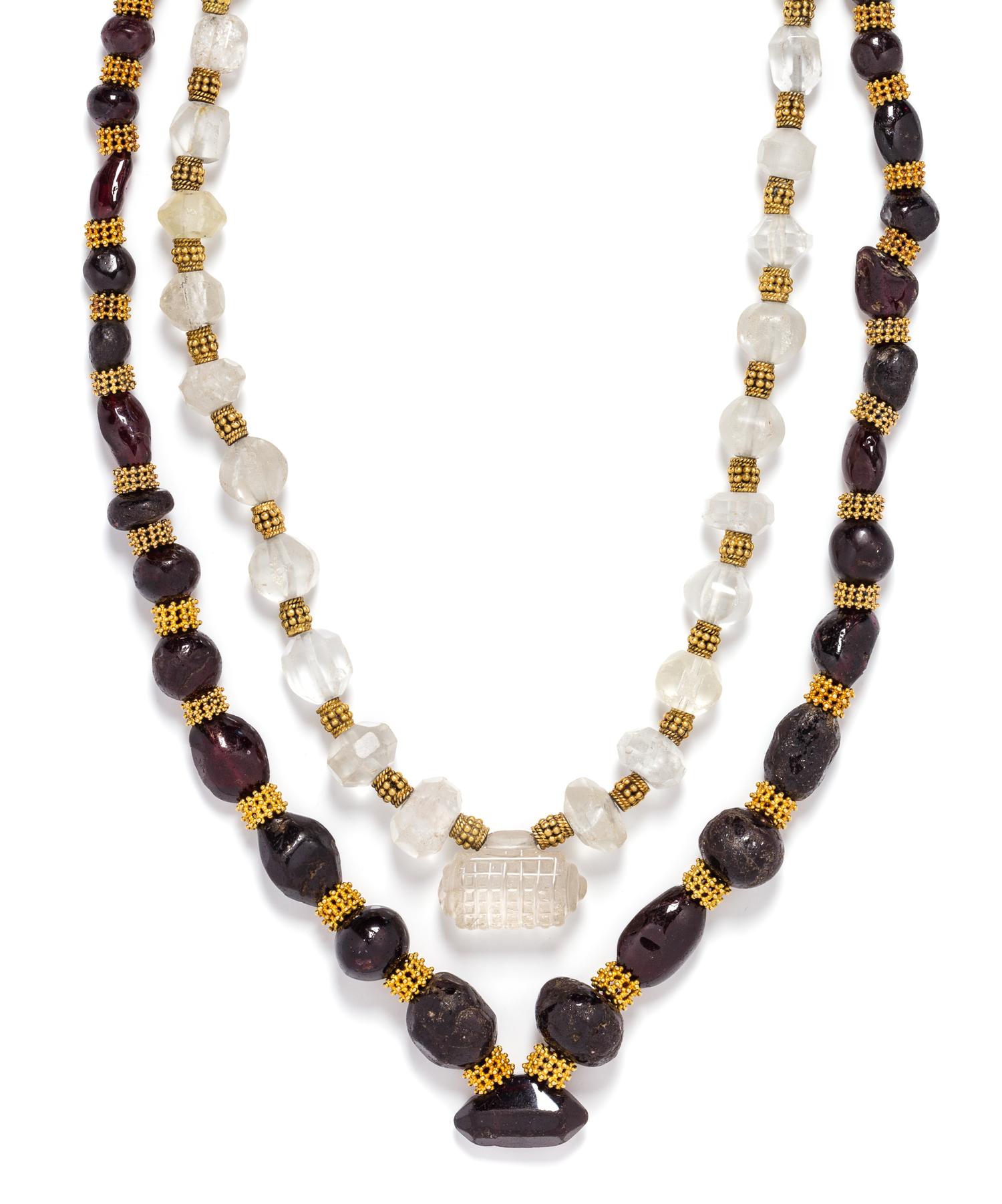 A Collection of Yellow Gold, Rock Crystal and Garnet Bead Necklaces, 76.70 dwts.