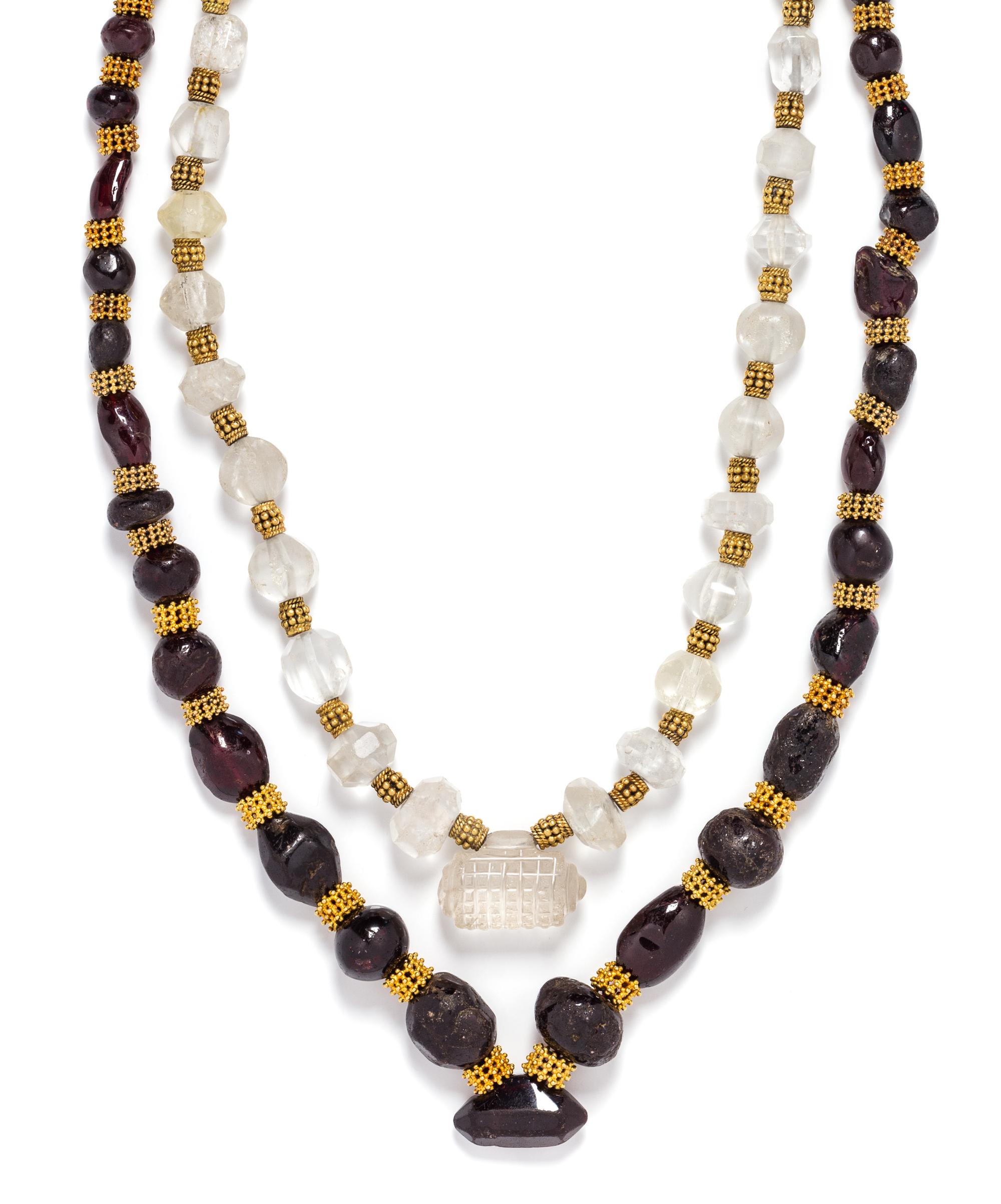 A Collection of Yellow Gold, Rock Crystal and Garnet Bead Necklaces, 76.70 dwts.