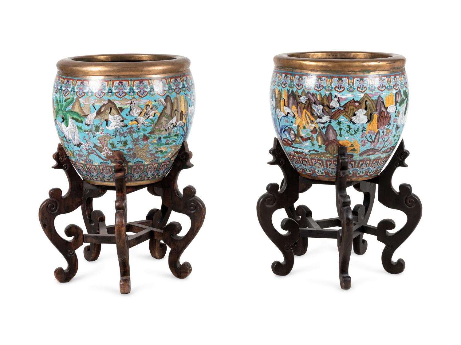 A Pair of Chinese Cloisonné Urns on Wood Stands