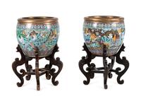 A Pair of Chinese Cloisonné Urns on Wood Stands