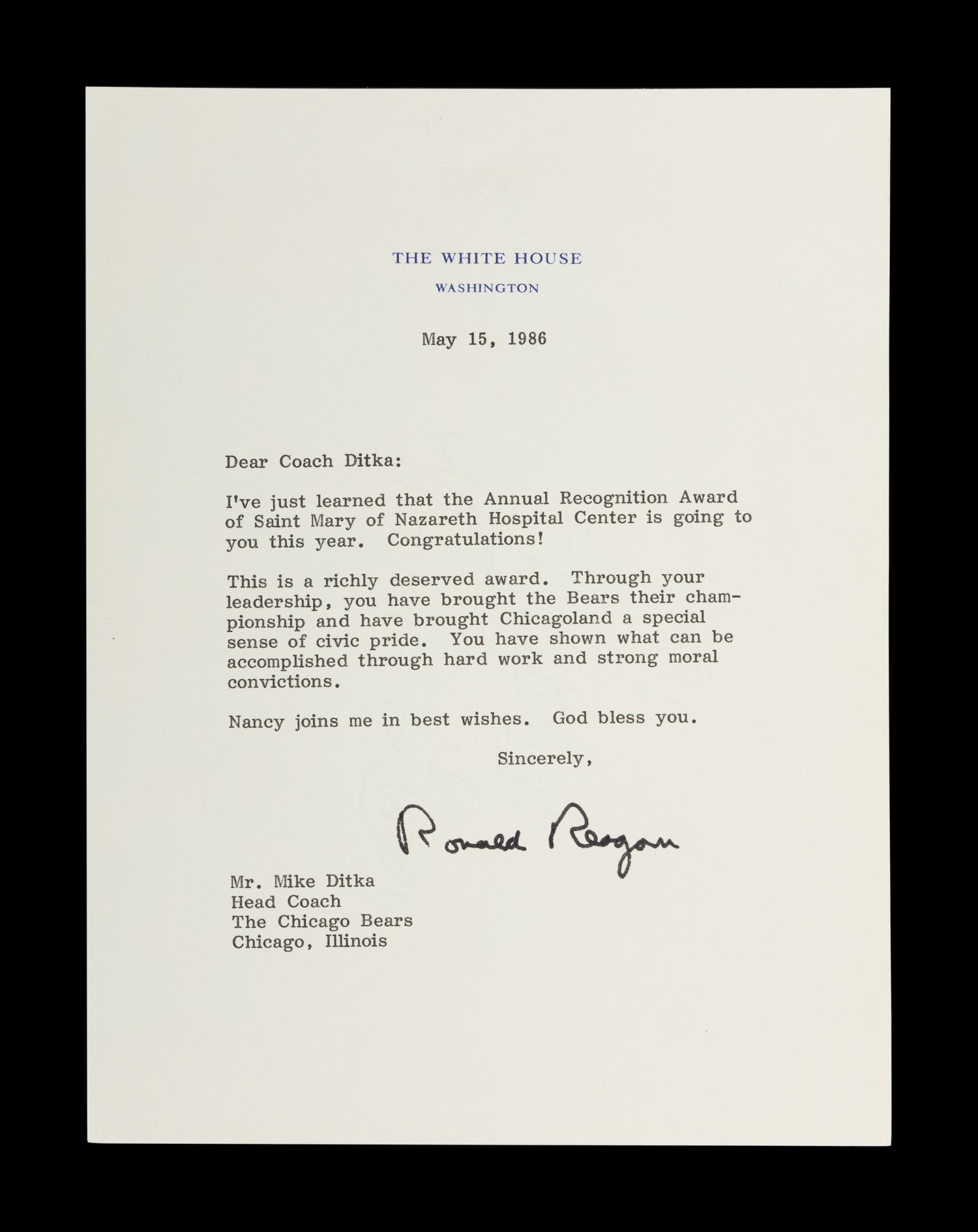 A 1986 Ronald Reagan Signed Letter As President to Mike Ditka