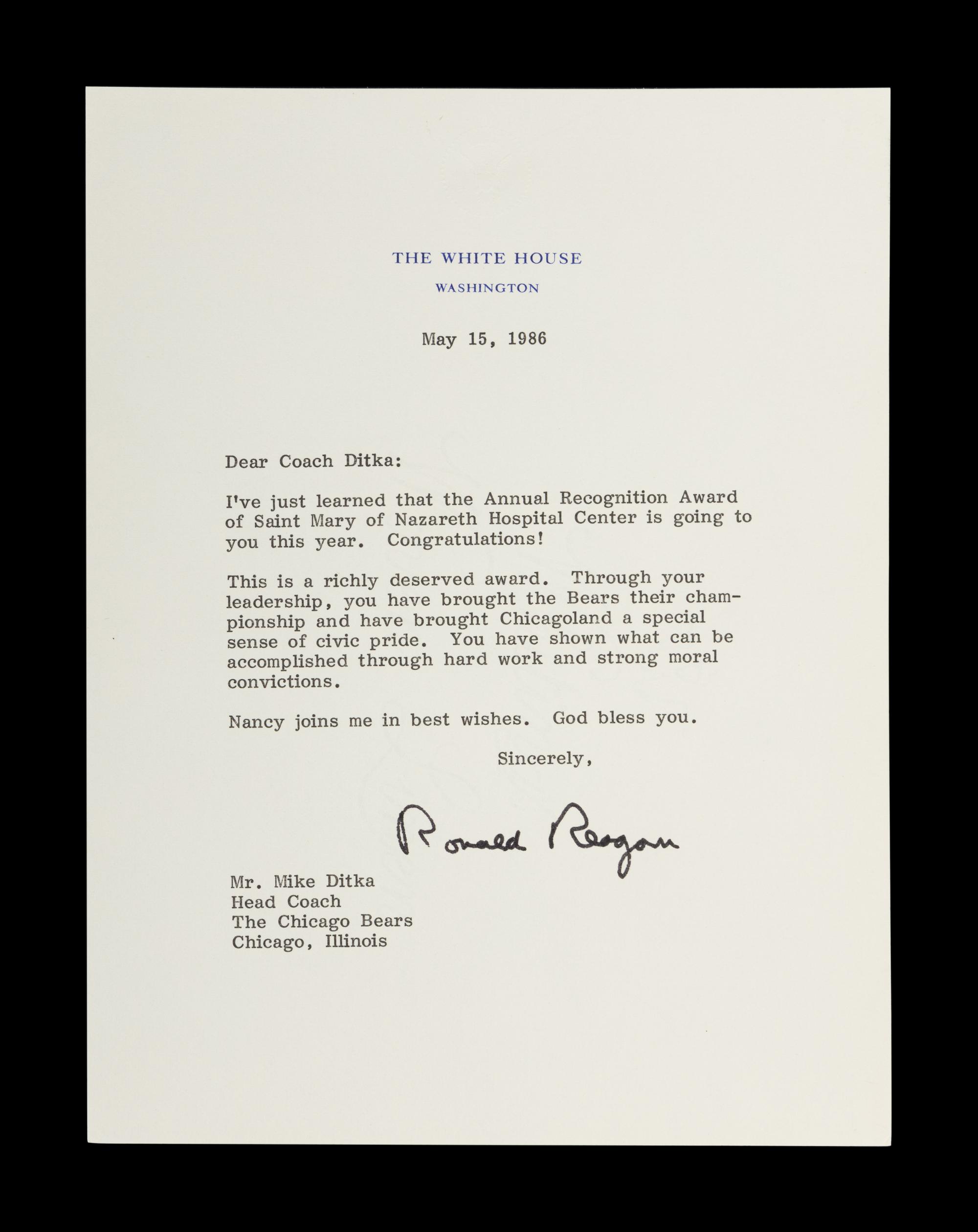 A 1986 Ronald Reagan Signed Letter As President to Mike Ditka