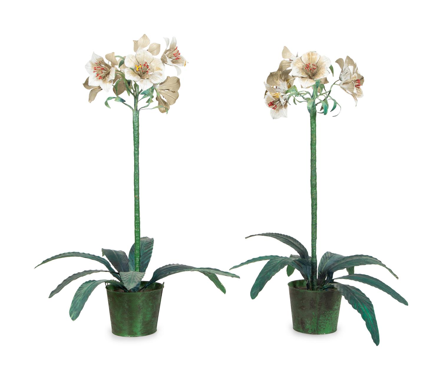 A Pair of Painted Tole Models of Amaryllis