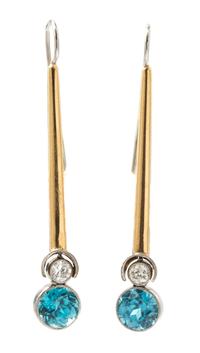 A Pair of Platinum, Gold, Blue Zircon, and Diamond Pendant Earrings, 4.40 dwts.