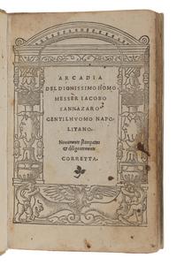 SANNAZARO, Jacopo (1458-1530). Arcadia. Venice: Niccolo Zoppino, 10 September 1524.