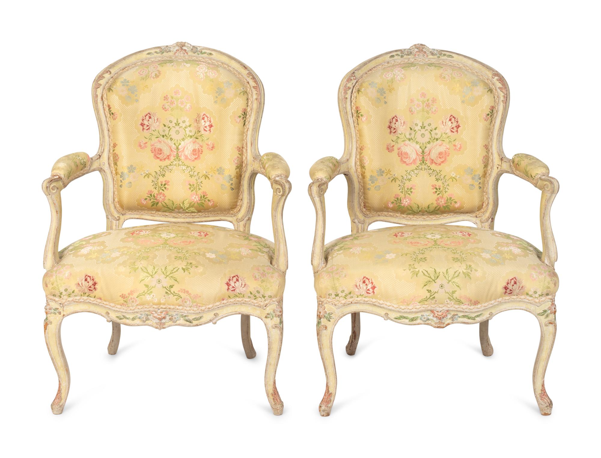A Pair of Louis XV Yellow-Painted Fauteuils en Cabriolet — JEAN-BAPTISTE GOURDIN, CIRCA 1760