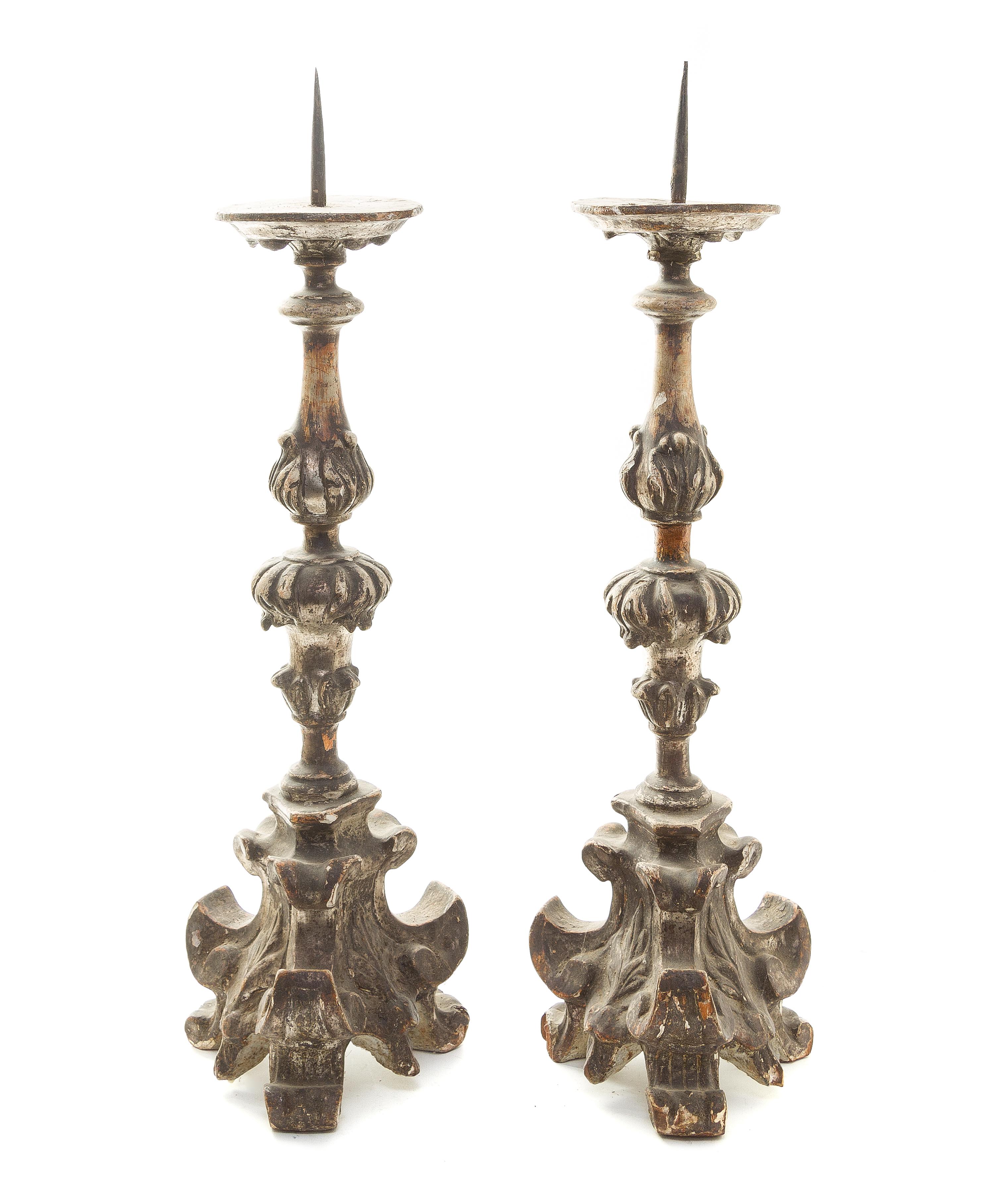 A Pair of Italian Baroque Giltwood Pricket Sticks, 17TH CENTURY, Height 23 inches. — 17TH CENTURY,