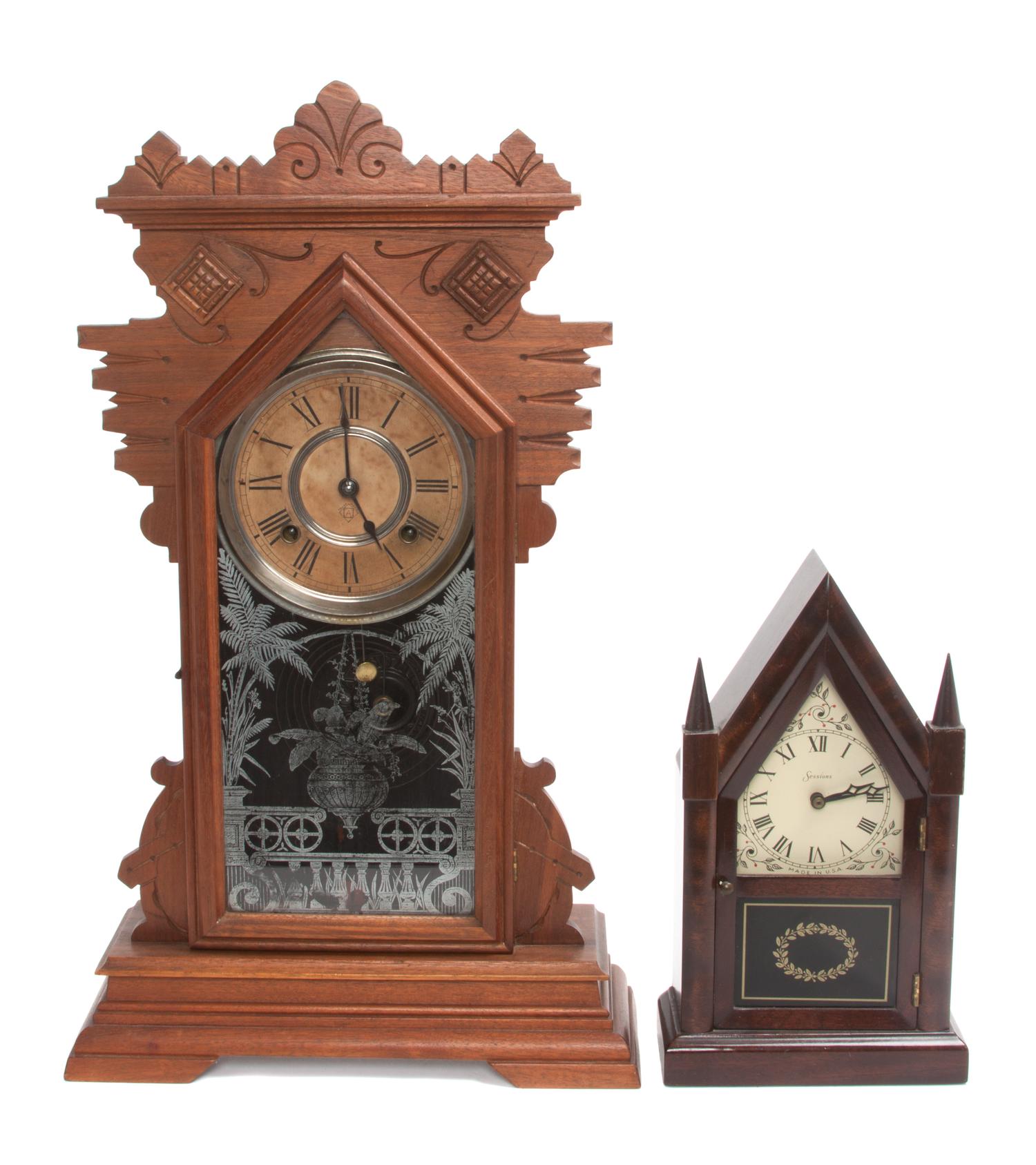 An American Walnut Gingerbread Clock, Ansonia Height of first 22 3/4 inches. — 19TH CENTURY