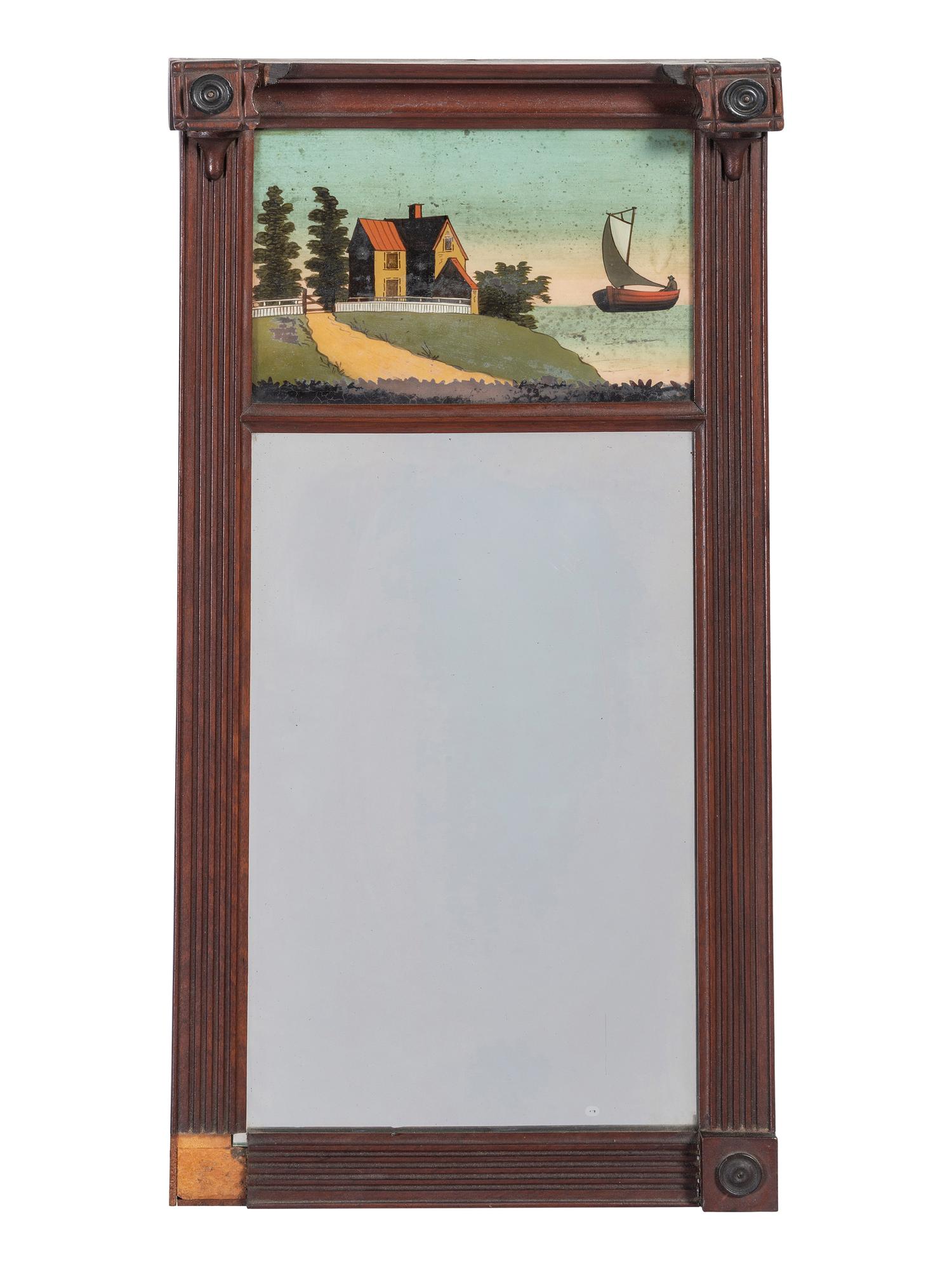 A Classical Carved Mahogany and Reverse Painted Panel Inset Looking Glass