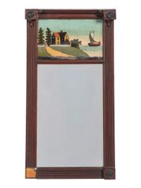 A Classical Carved Mahogany and Reverse Painted Panel Inset Looking Glass