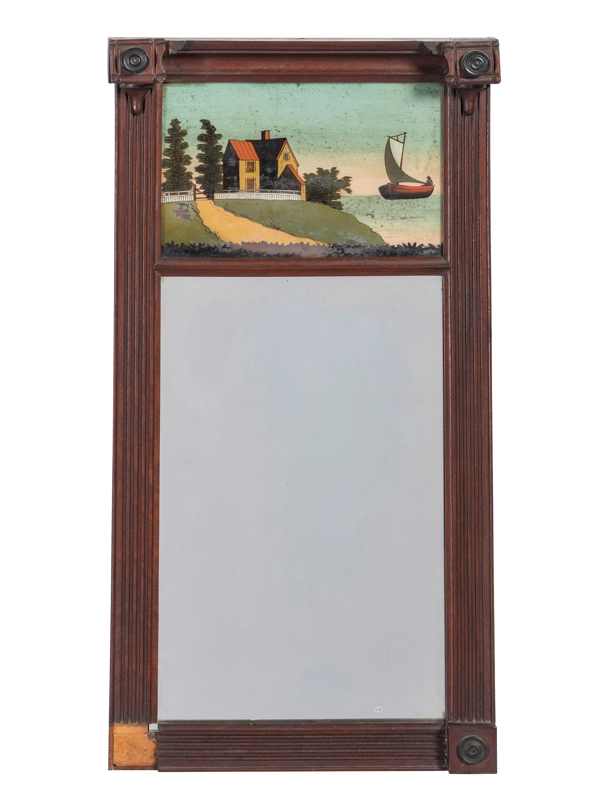 A Classical Carved Mahogany and Reverse Painted Panel Inset Looking Glass