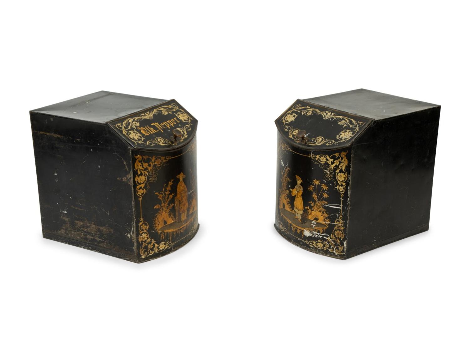 A Pair of English Black and Gilt Chinoiserie Decorated Tole Tea Canisters