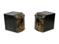 A Pair of English Black and Gilt Chinoiserie Decorated Tole Tea Canisters