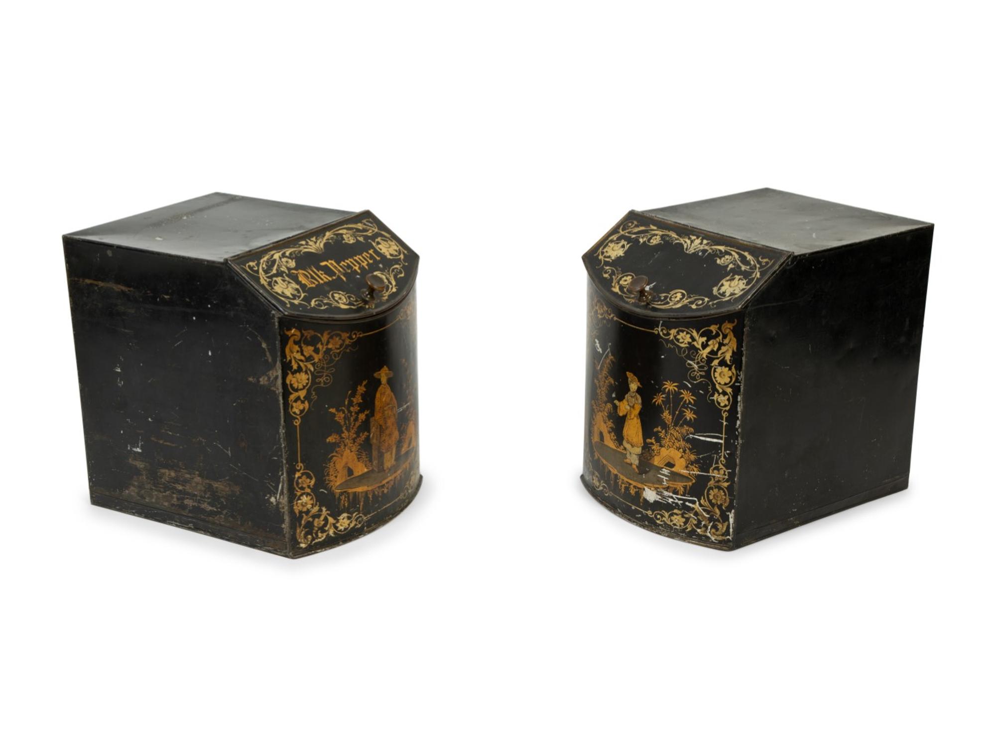 A Pair of English Black and Gilt Chinoiserie Decorated Tole Tea Canisters