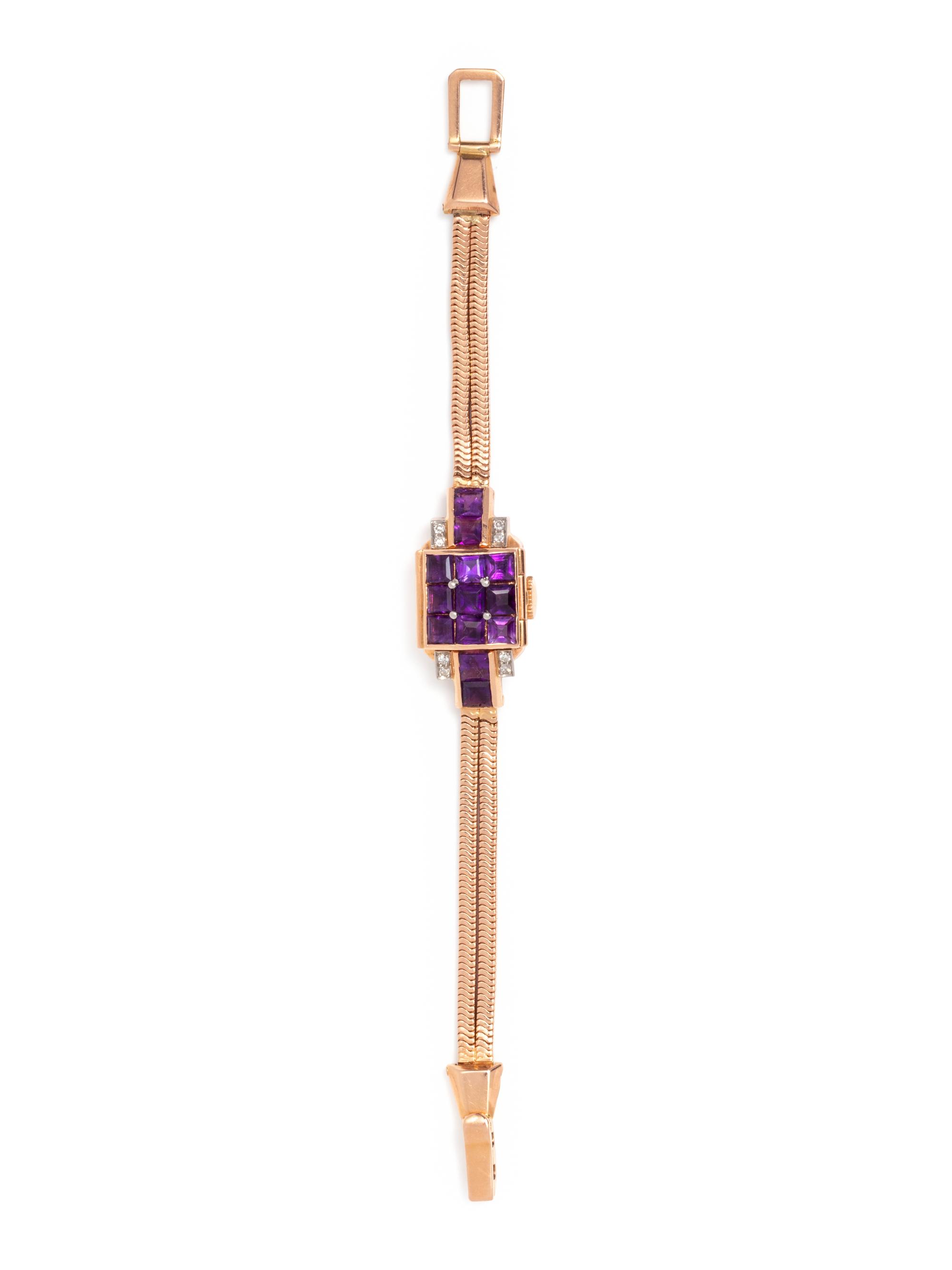 14K ROSE GOLD, AMETHYST AND DIAMOND SURPRISE WRISTWATCH