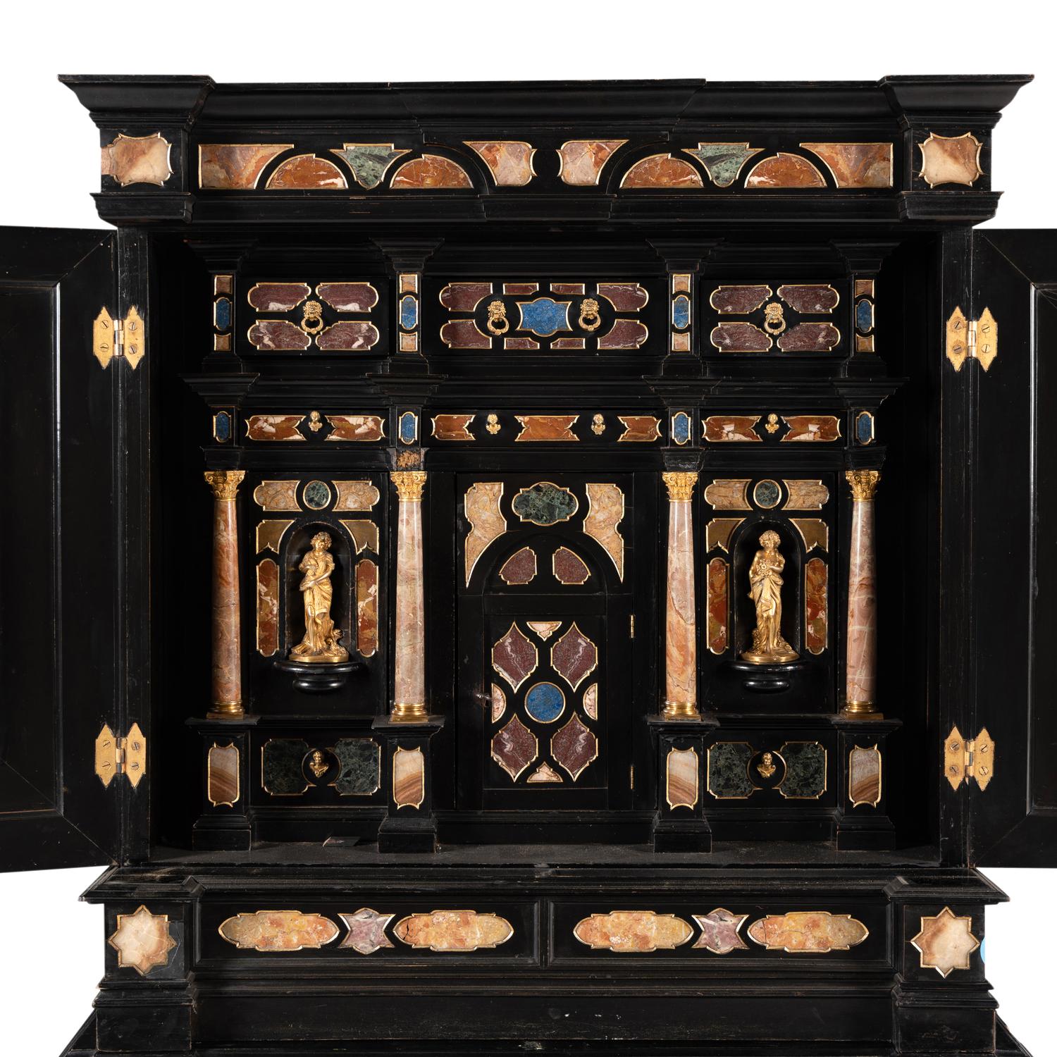 An Italian Baroque Style Ebonized, Specimen Marble-Inset and Parcel Gilt Collector's Cabinet