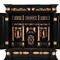 An Italian Baroque Style Ebonized, Specimen Marble-Inset and Parcel Gilt Collector's Cabinet