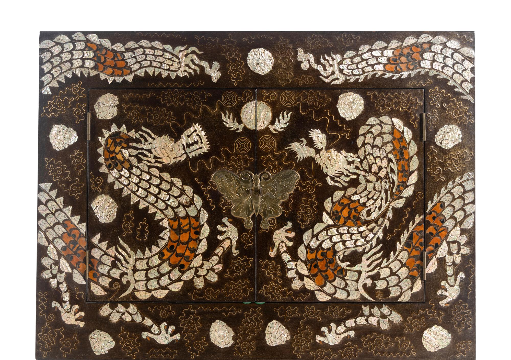 A Fine Pair of Korean Two-Tiered Mother-of-Pearl, Shagreen, and Wire Inlaid Cabinets