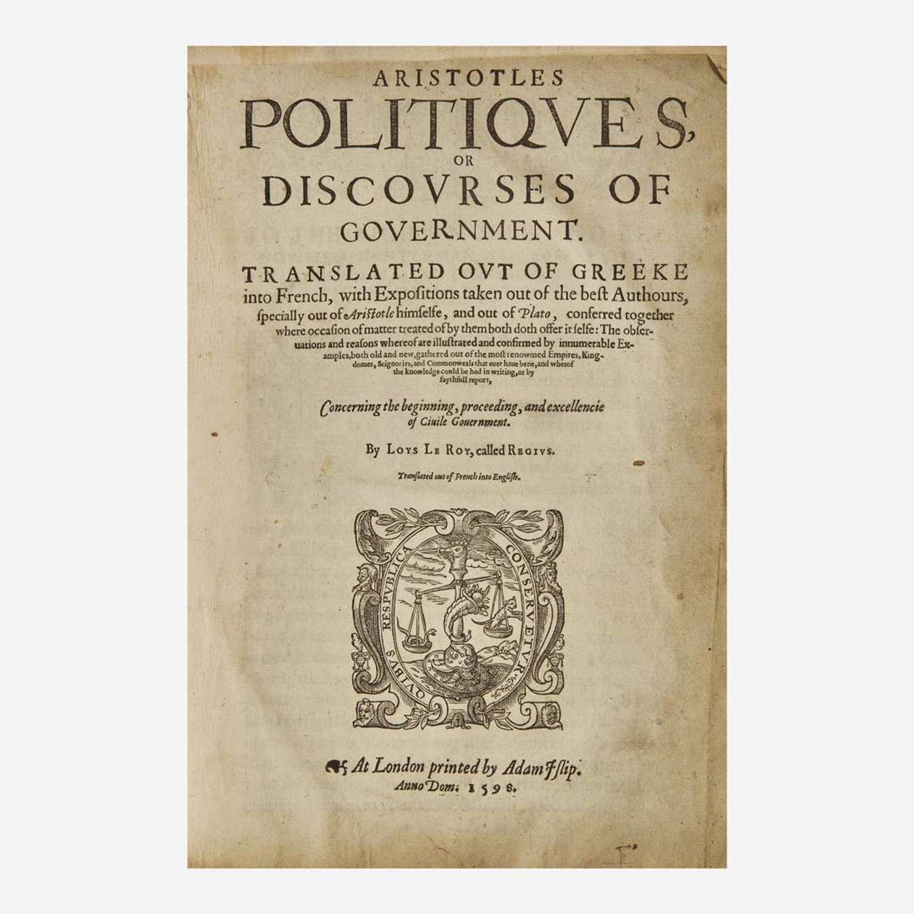 [Philosophy] Aristotle Politiques, or Discourses of Government...