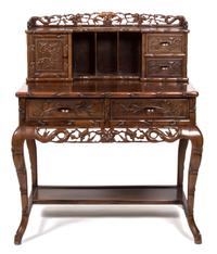 A Chinese Carved Elmwood Writing Desk Height 31 1/4 x width 37 x depth 22 1/2 inches. — 20TH CENTURY