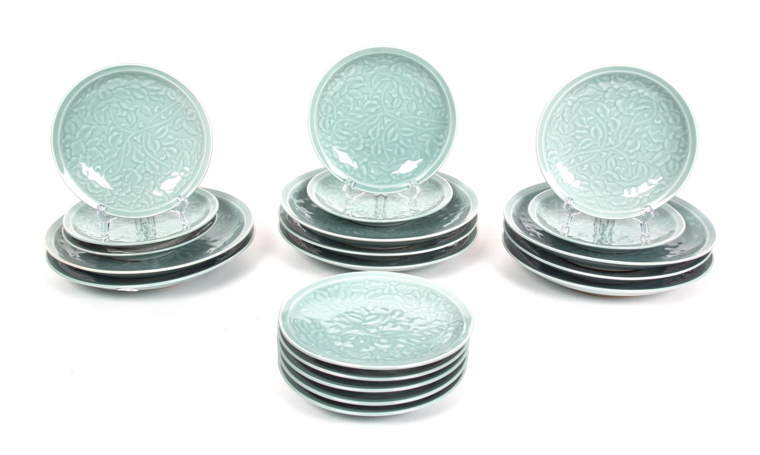 Twenty Molded China Celadon Glazed Plates Diameter of dinner plate 10 inches. — 20TH CENTURY
