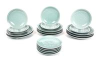 Twenty Molded China Celadon Glazed Plates Diameter of dinner plate 10 inches. — 20TH CENTURY