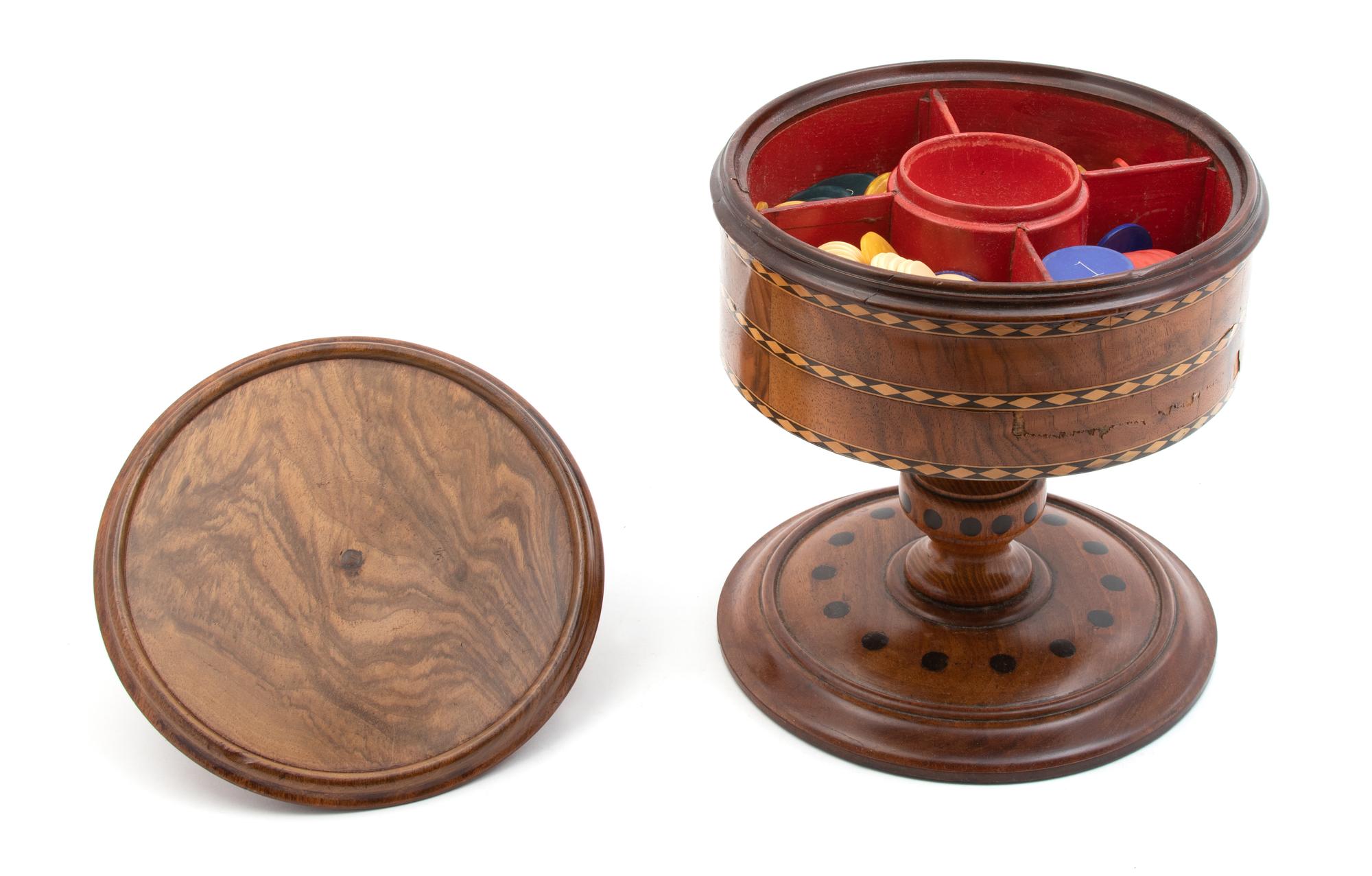 An English Inlaid Walnut Chip Holder — LATE 19TH CENTURY