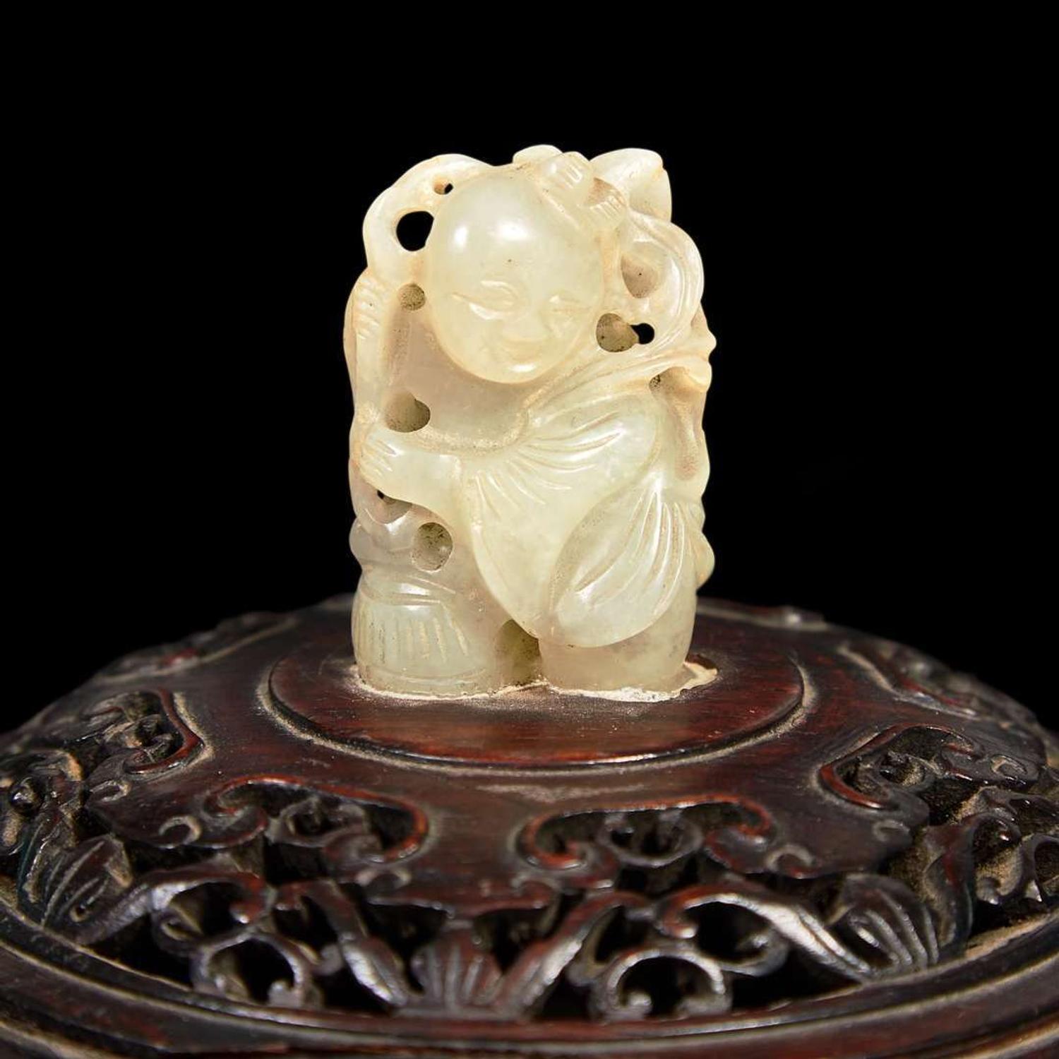 A Chinese turquoise-glazed tripod censer with carved wood cover and jade finial 松石綠地嵌玉鈕帶蓋小香爐