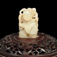 A Chinese turquoise-glazed tripod censer with carved wood cover and jade finial 松石綠地嵌玉鈕帶蓋小香爐