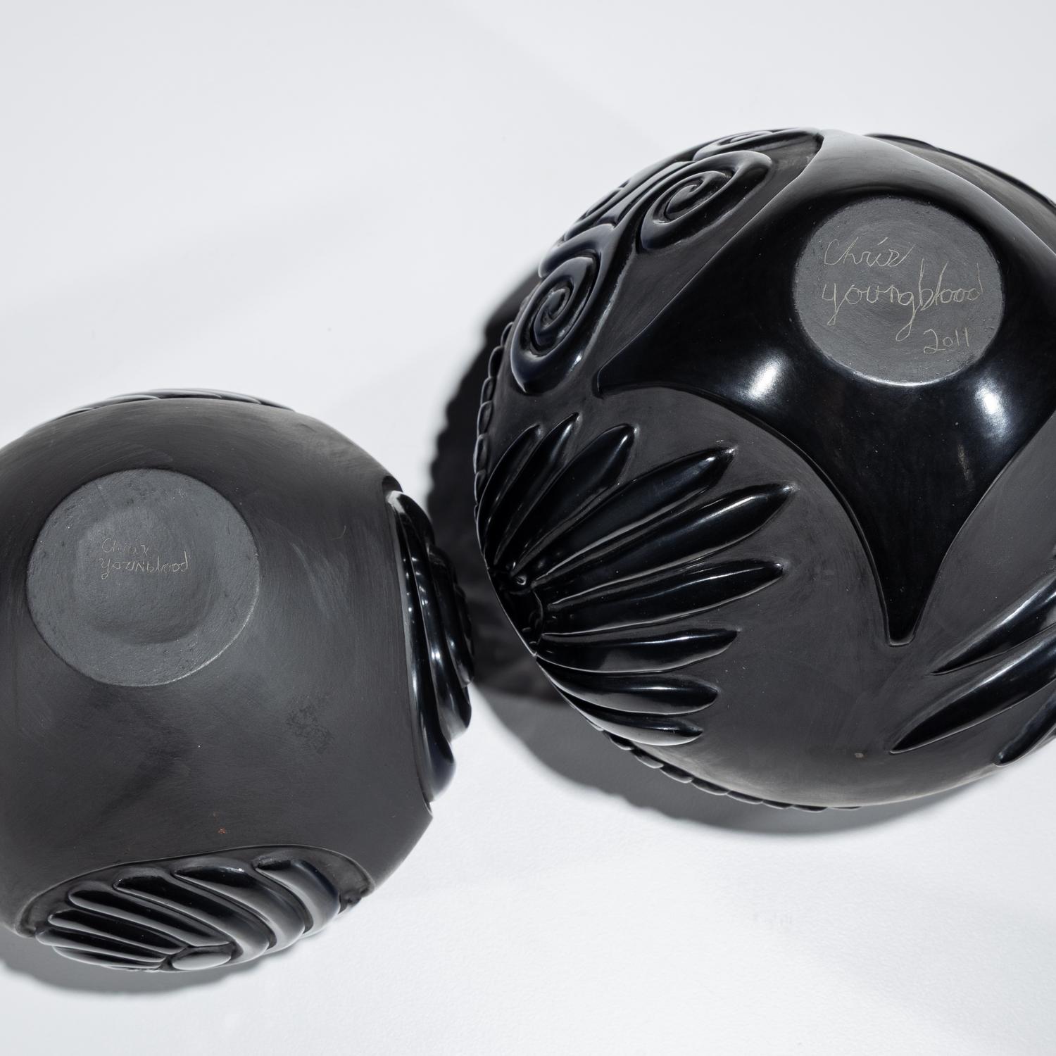 Carved Blackware Pottery Vases, Macaws and Swirls