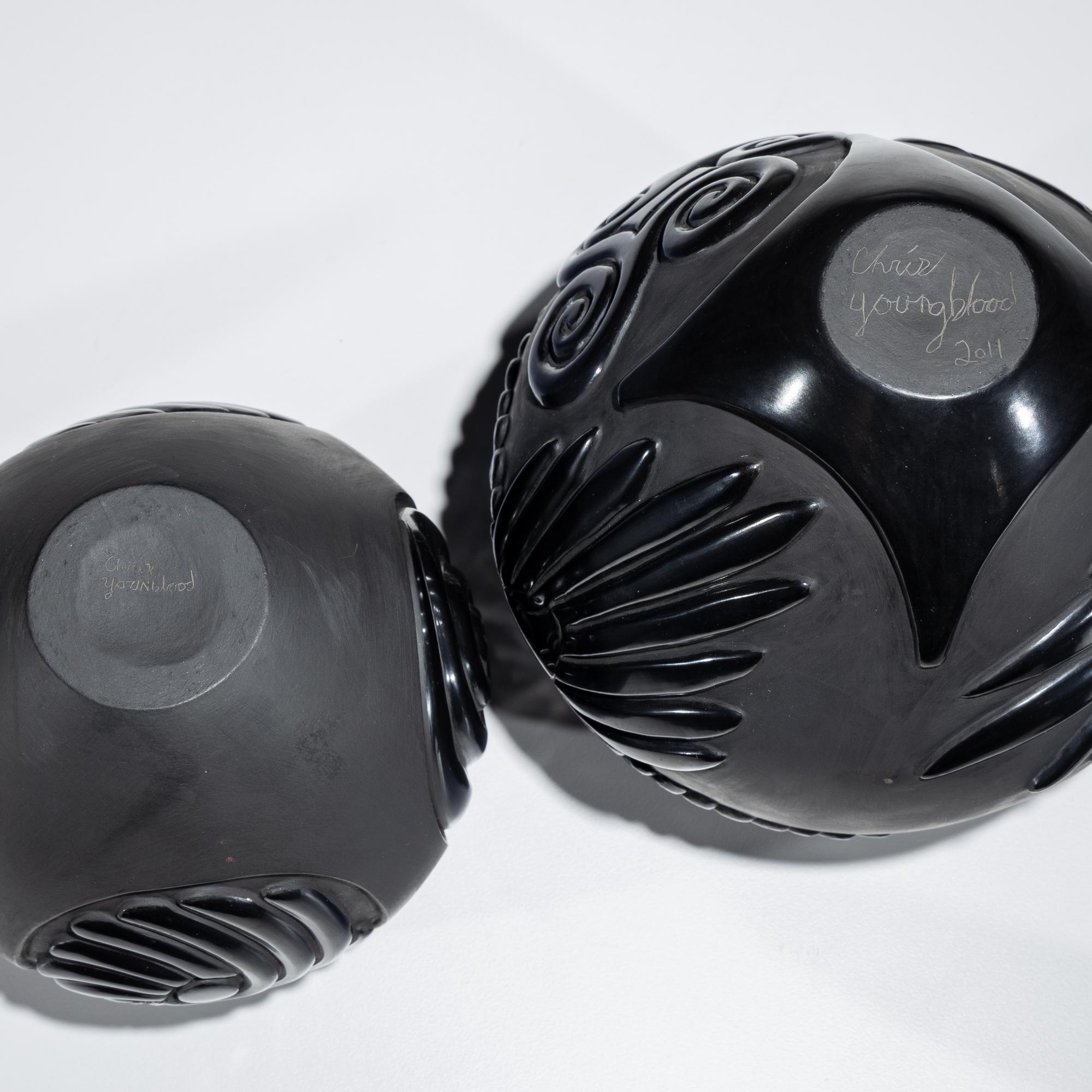 Carved Blackware Pottery Vases, Macaws and Swirls
