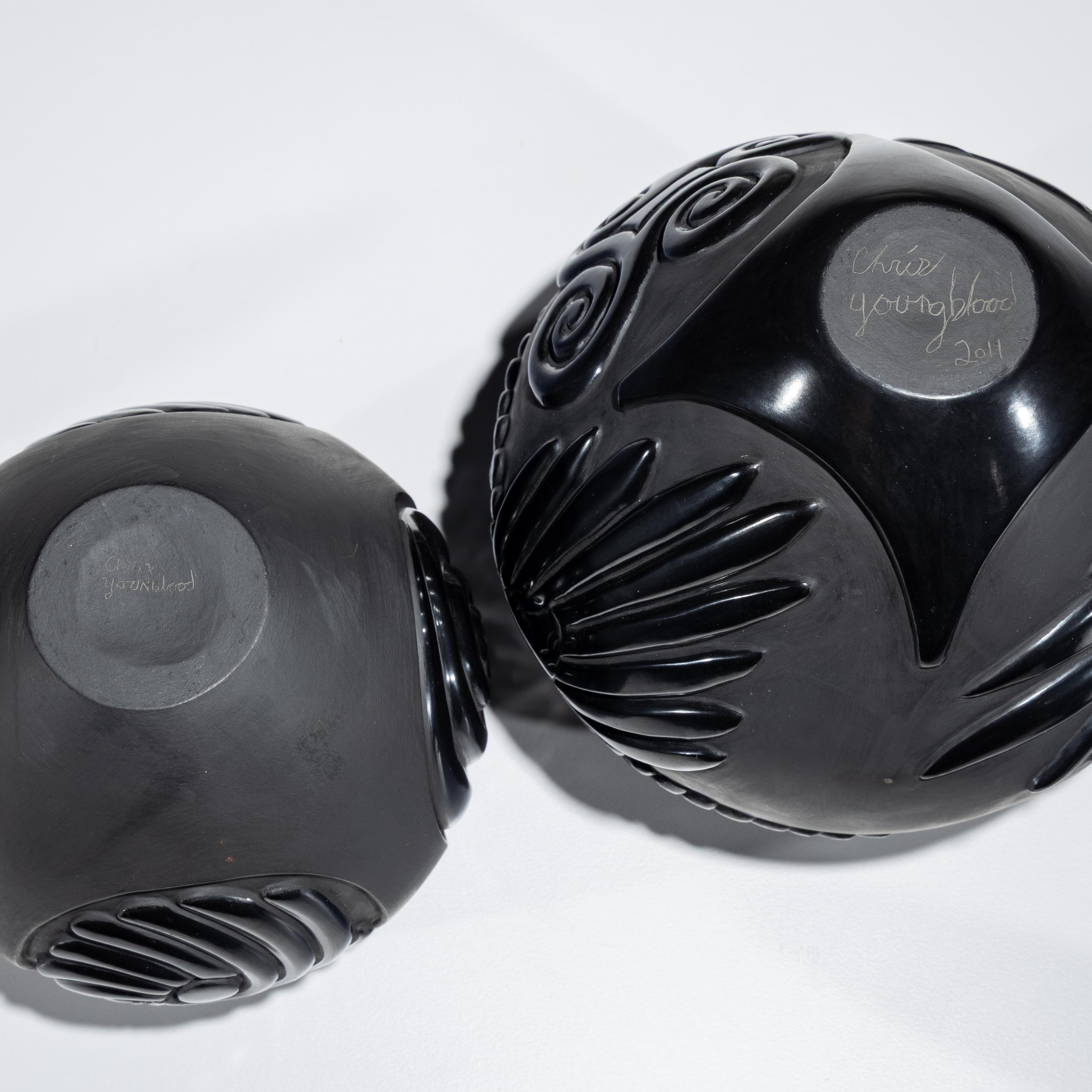 Carved Blackware Pottery Vases, Macaws and Swirls