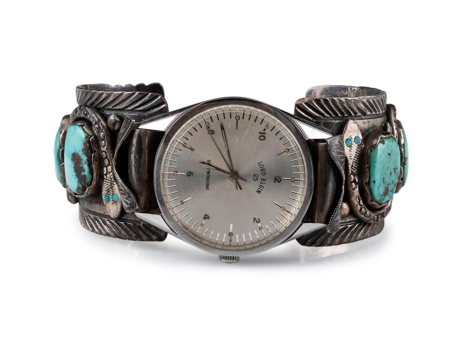 Navajo or Zuni Silver and Turquoise Watch Cuff, with Snake Design