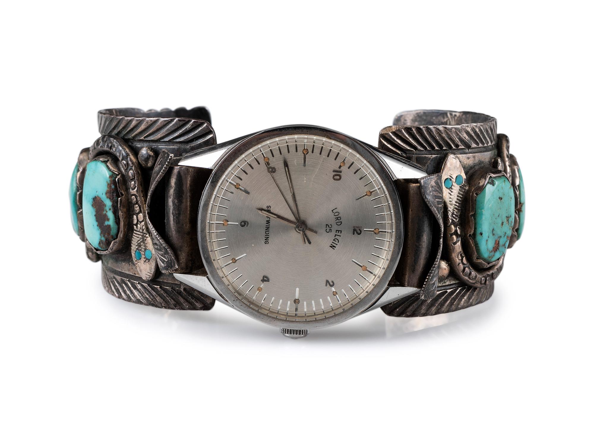 Navajo or Zuni Silver and Turquoise Watch Cuff, with Snake Design