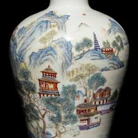 A Pair of Chinese Famille Rose 'Landscape' Porcelain Vases, 20th Century — 近代 粉彩亭台山水圖梅瓶一對