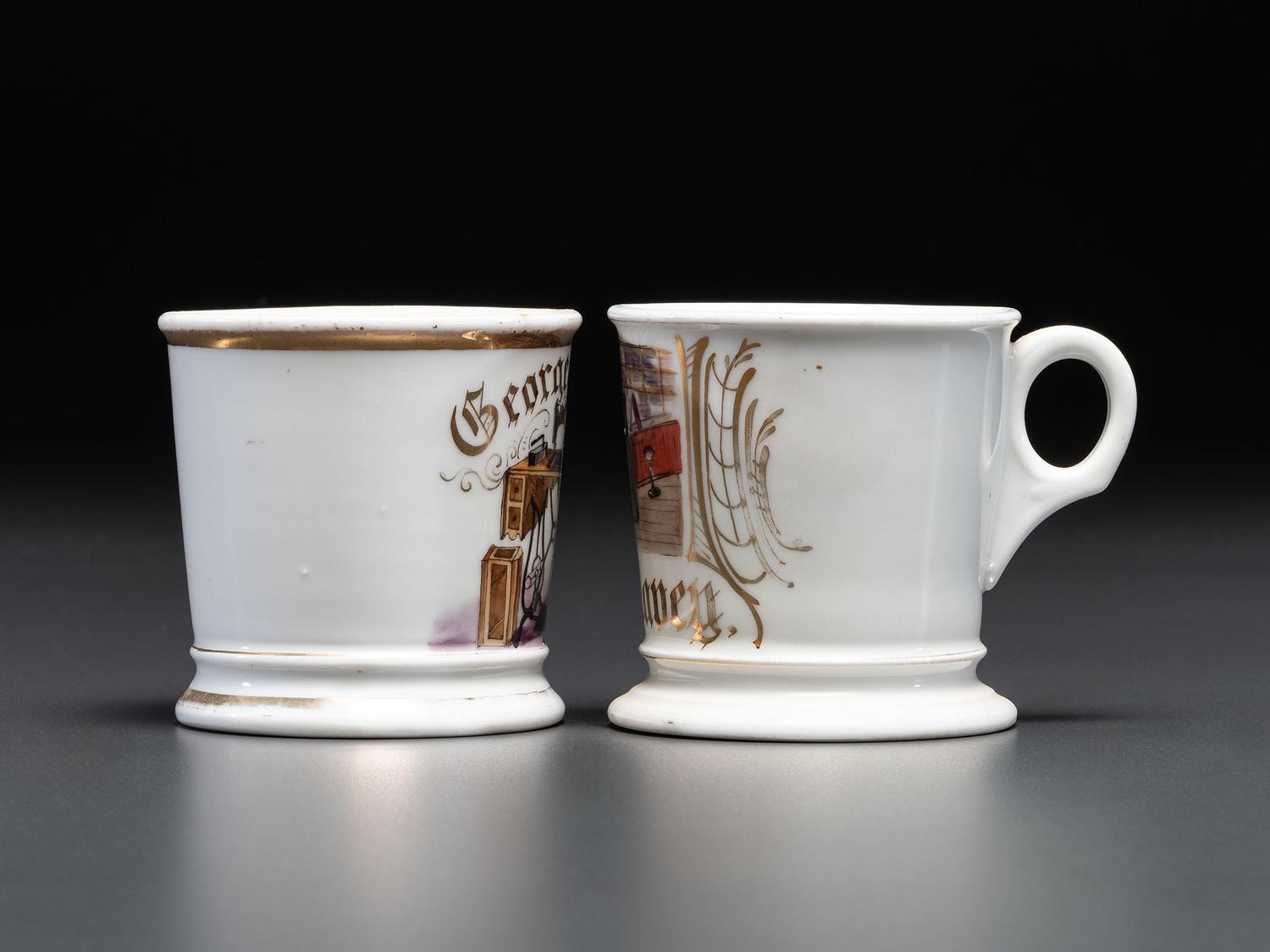 Two Tailor's Porcelain Occupational Shaving Mugs