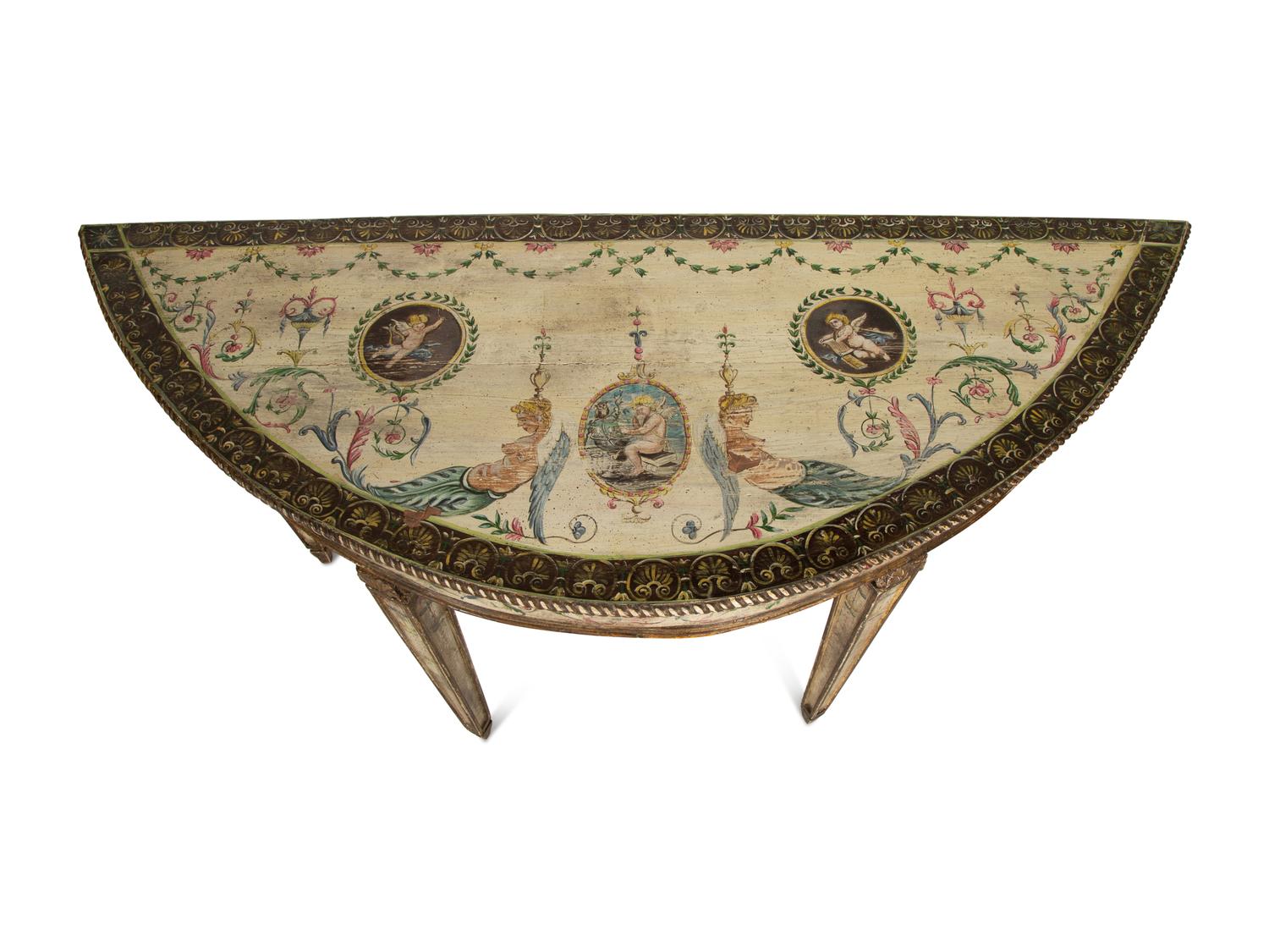 A Pair of Venetian Painted Demilune Console Tables