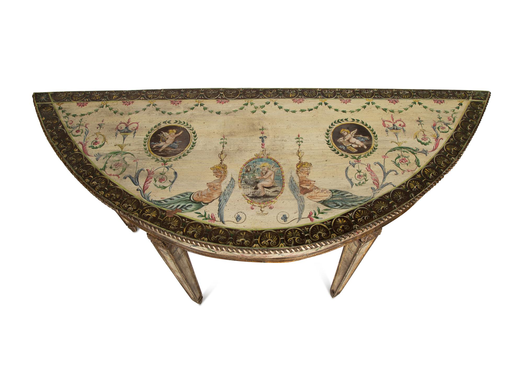 A Pair of Venetian Painted Demilune Console Tables