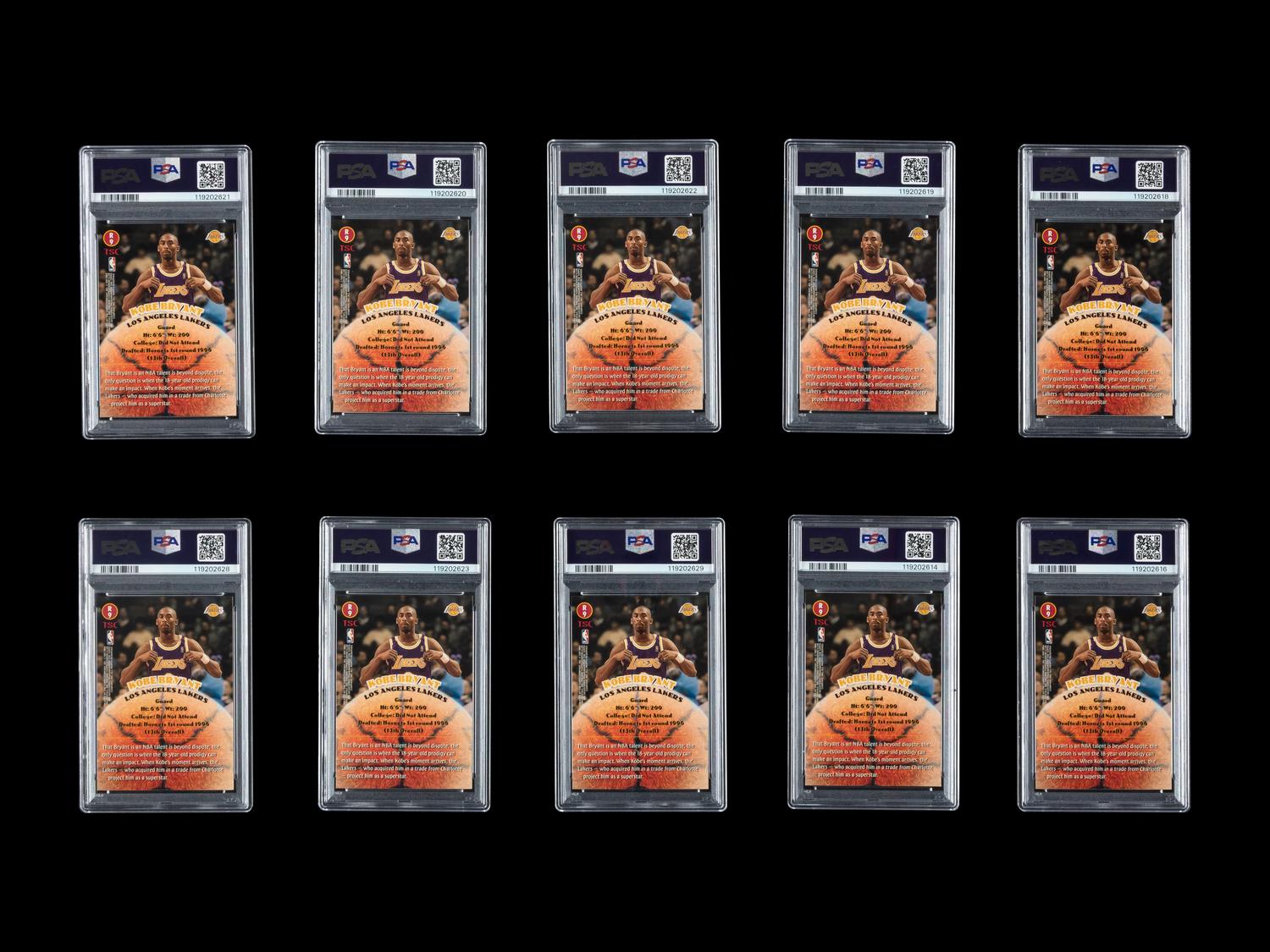 A Collection of 10 1996 Stadium Club Rookies 2 R9 Kobe Bryant Rookie Cards (PSA 8 NM-MT))