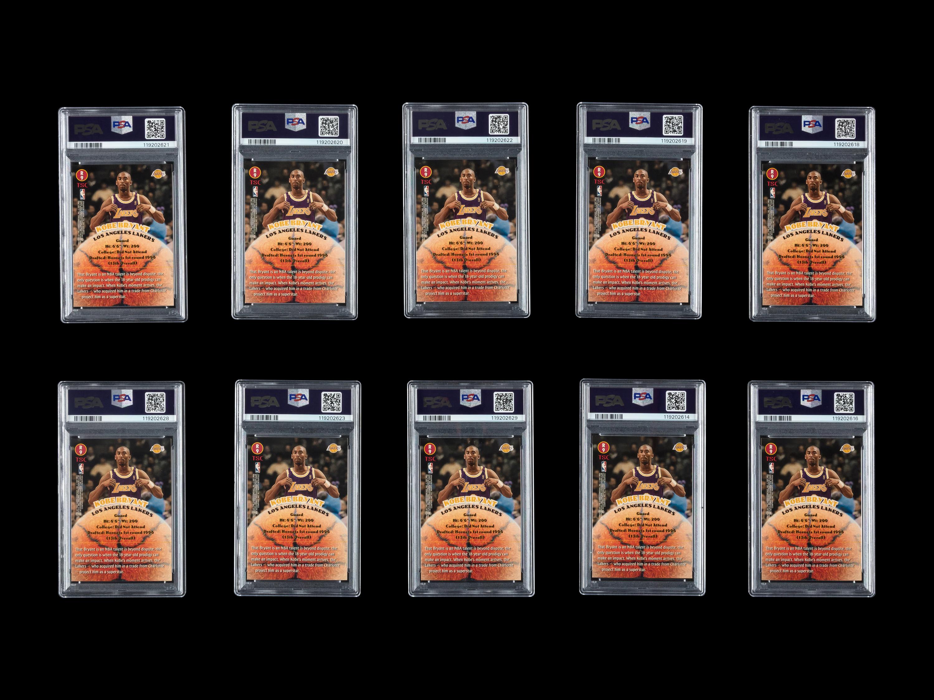 A Collection of 10 1996 Stadium Club Rookies 2 R9 Kobe Bryant Rookie Cards (PSA 8 NM-MT))