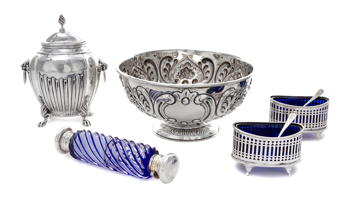 A Group of Five Victorian Silver Articles, Various makers, comprising a silver tea caddy marked for George Nathan & Ridley Hayes, Chest